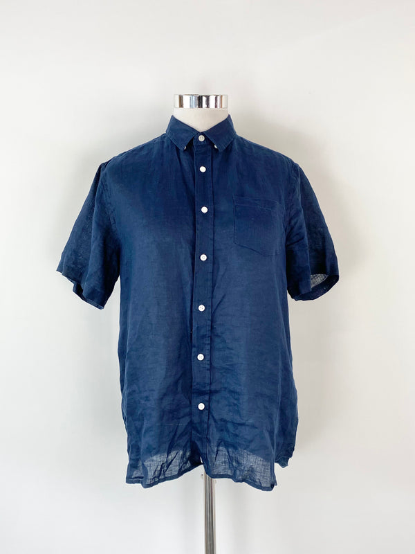 Reserve Midnight Blue Linen Button Up Short Sleeve Shirt - M