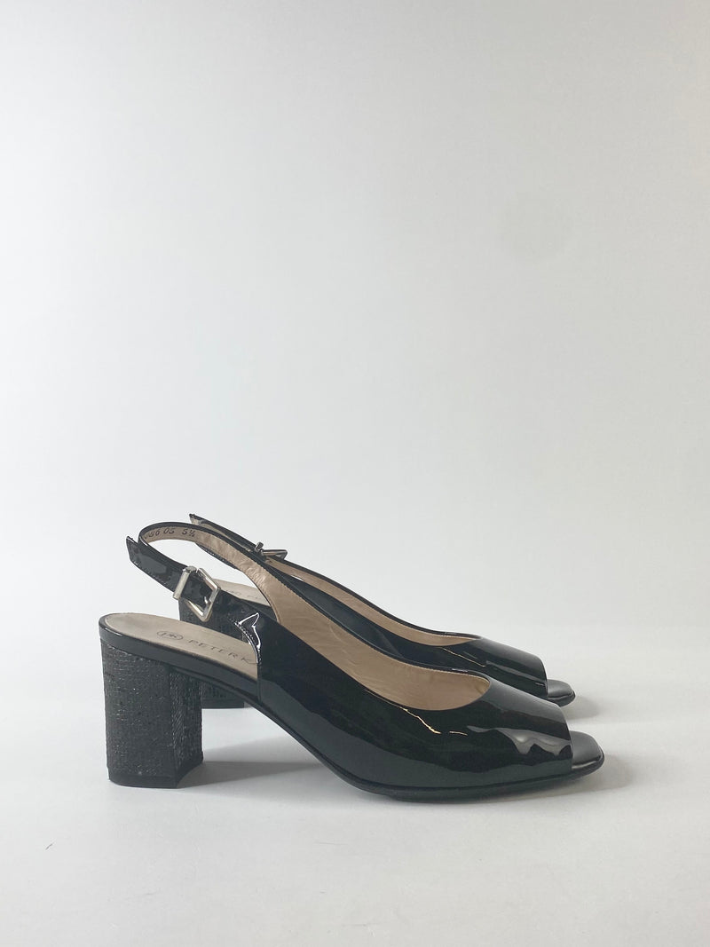 Peter Kaiser Black Patent Leather Block Heel Sling Backs - 5.5