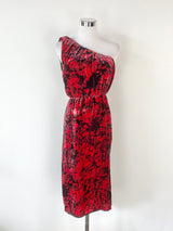 Rachel Comey Crimson & Black Marble Patterned Velvet Off Sleeve Dress - AU8/10