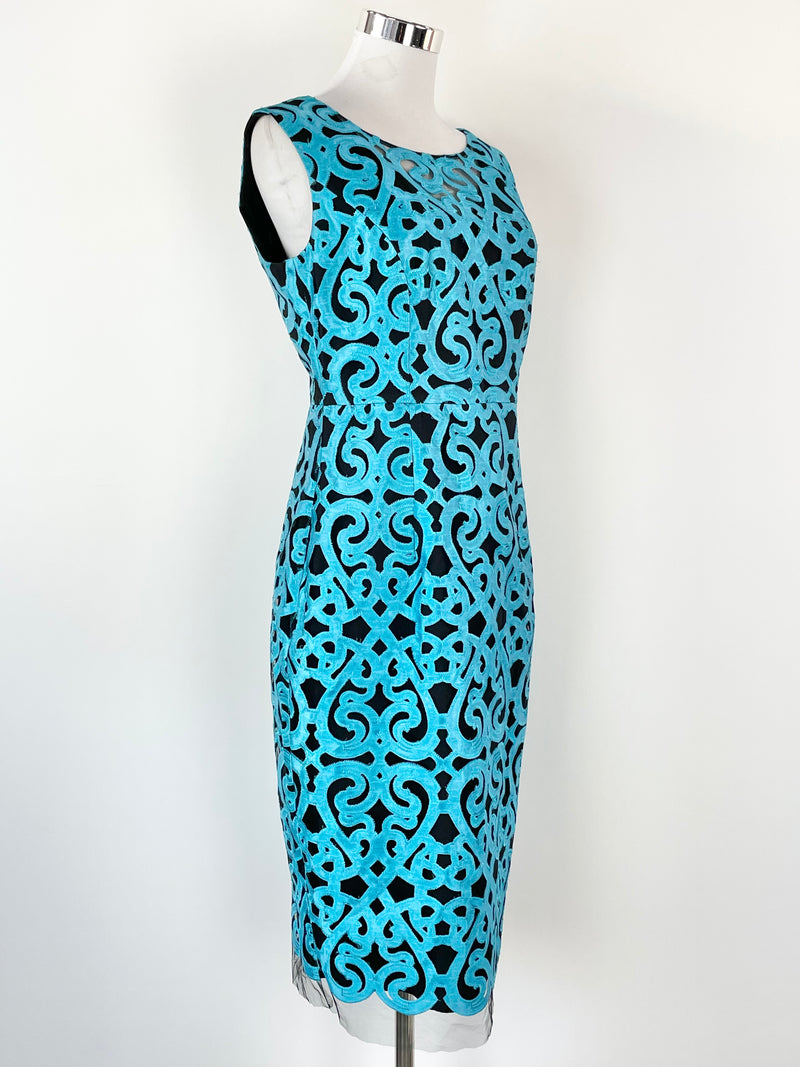 Anthea Crawford Black & Blue Lagoon Embroidered Midi Dress - AU10