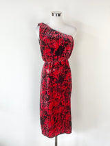 Rachel Comey Crimson & Black Marble Patterned Velvet Off Sleeve Dress - AU8/10
