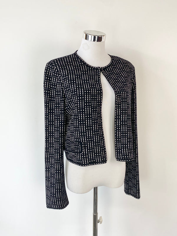 St John Black & White Patterned Ribt Knit Cropped Cardigan - AU10