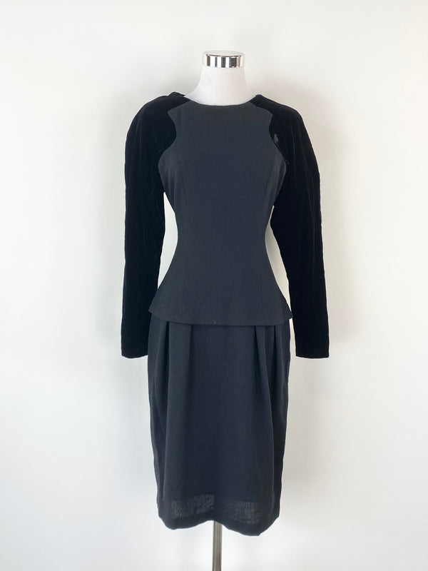 Vintage Anthea Crawford Black Long Velvet Sleeve Midi Dress - AU8/10