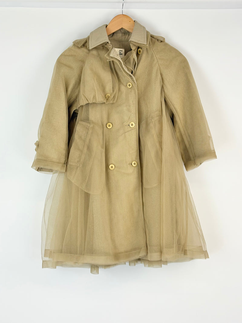 Beige trench coat with gold buttons on a white background