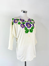80s White Purple Floral Cotton Shirt - AU12