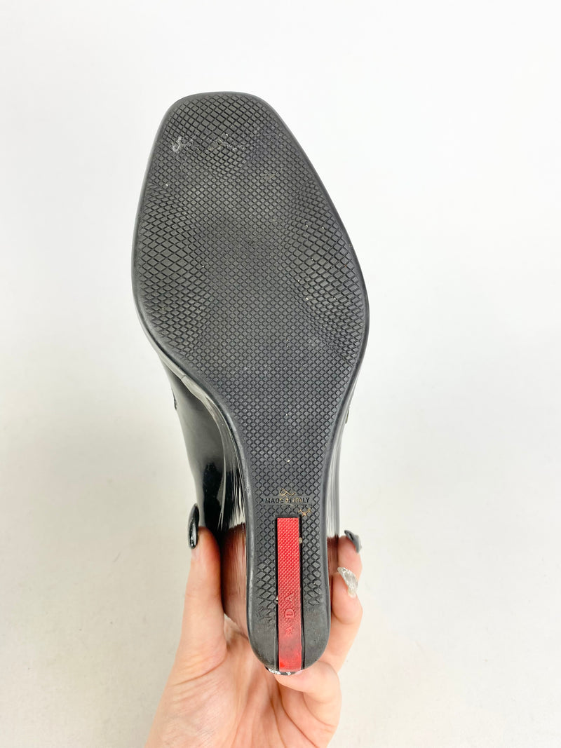 Prada Patent Leather Peep Toe Wedges - EU 37.5