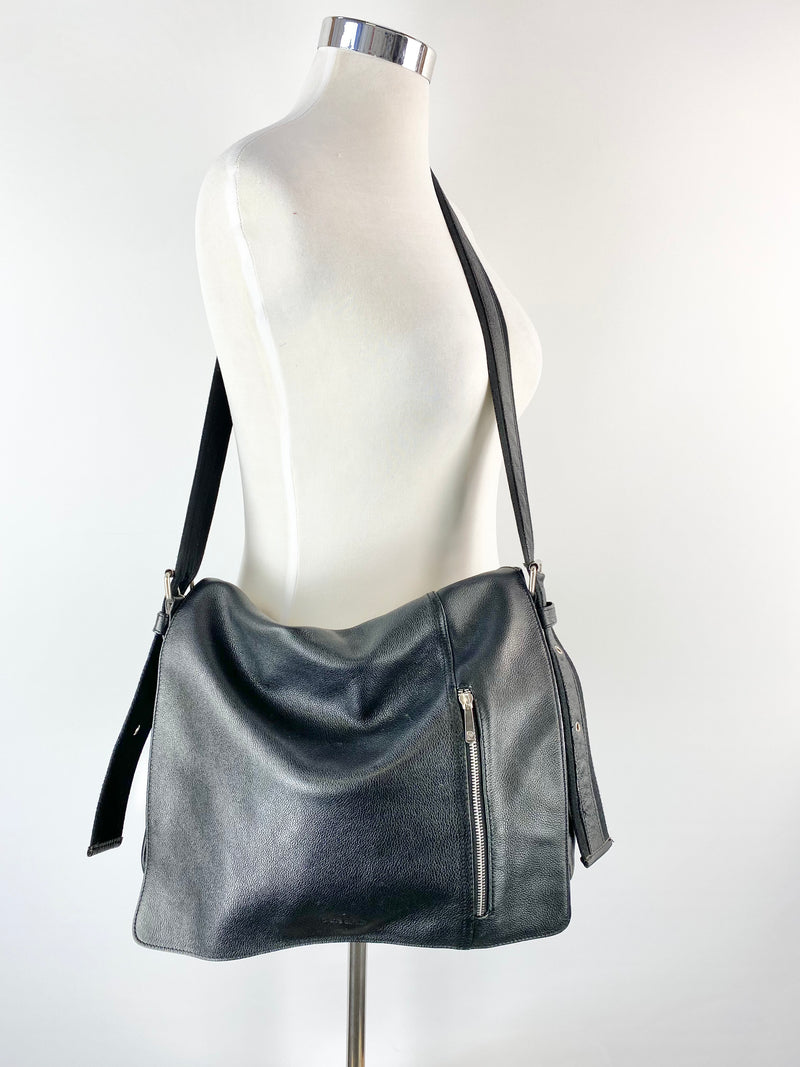 Pierre Cardin Black Pebbled Leather Messenger Bag