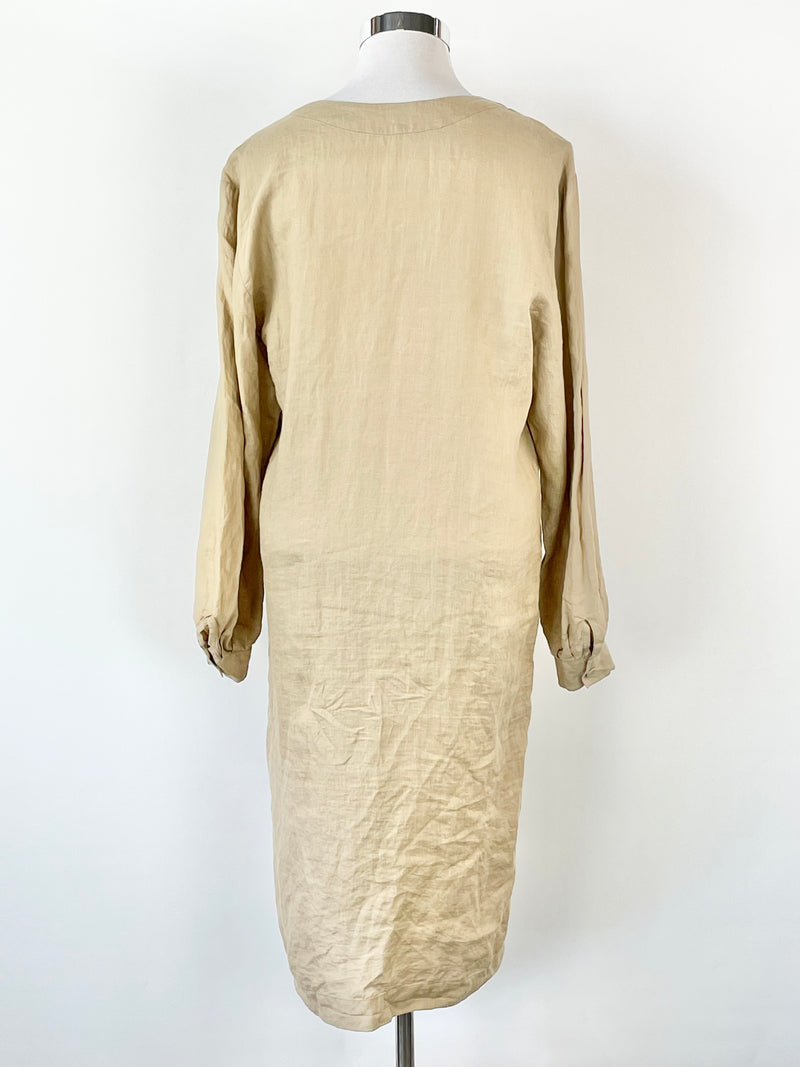 Italian Made Beige Linen Long Sleeve Dress - L