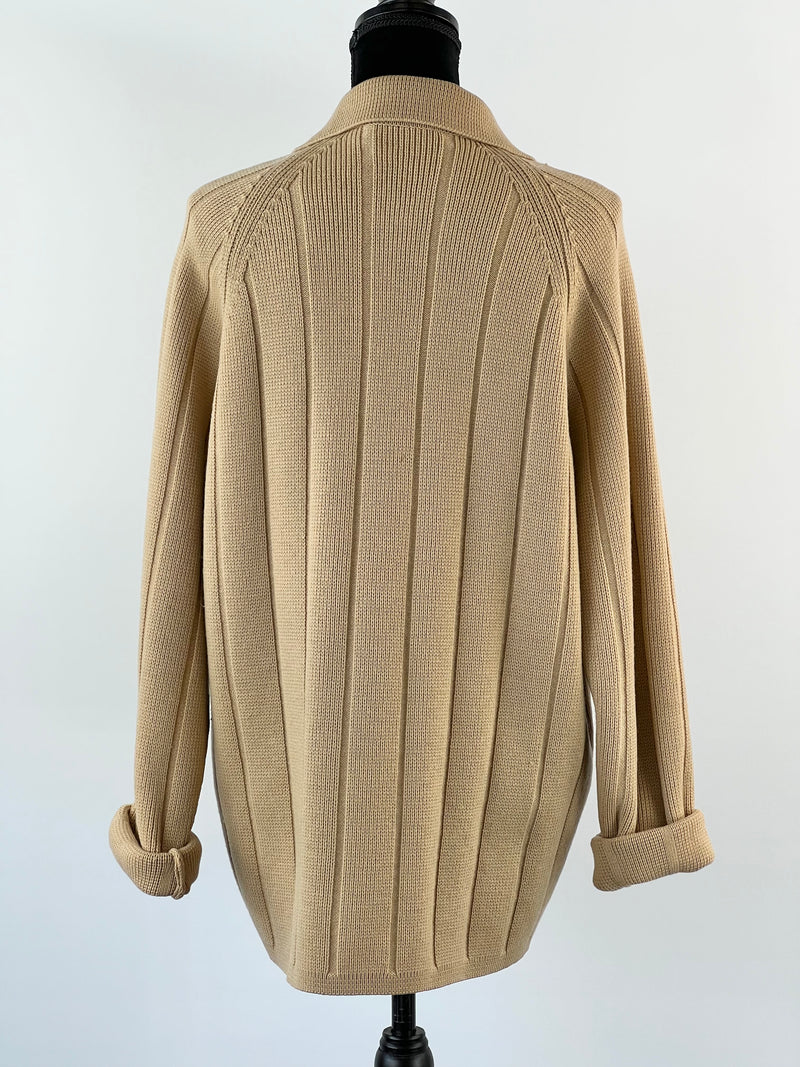 70s Flaxen Merino Wool & Suede Cardigan - Size Large