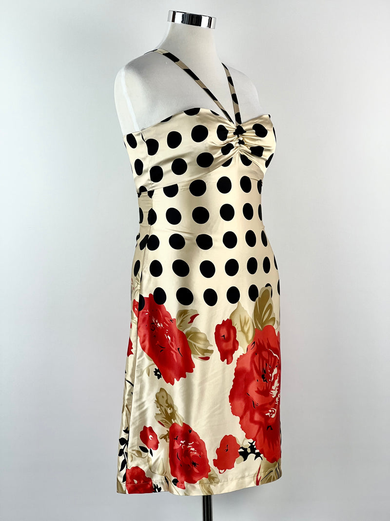 Sacha Drake Gold Silk Polka Dot & Floral Dress - AU12