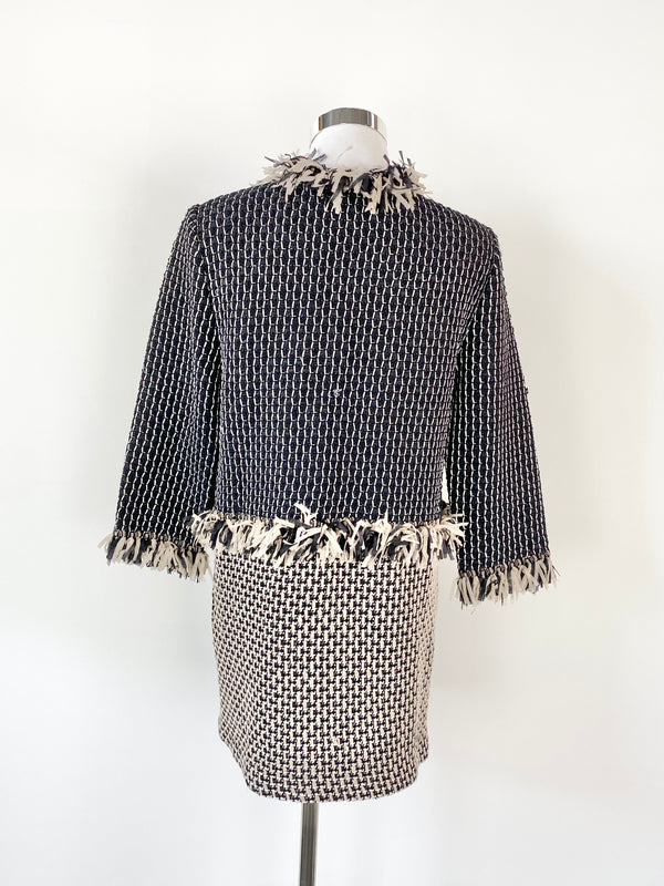 St John Black & White Fringed Woven Cardigan - AU12