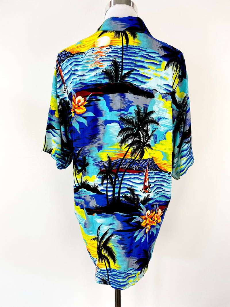 Retro Hawaiian Style Patterned Short Sleeve Shirt - L