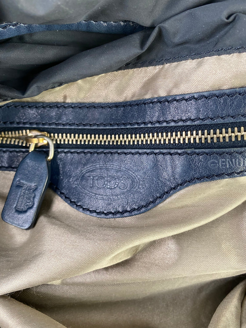 Tod's Midnight Blue Leather Trim Nylon Shoulder Bag