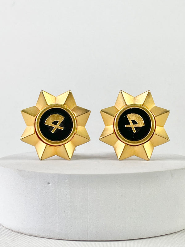 Karl Lagerfeld 1980s Vintage Matte Gold Fan Logo Clip On Earrings