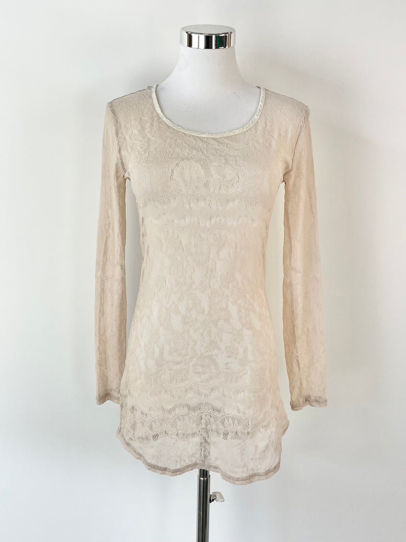 Flannel Taupe Embroidered Lace Long Sleeve Top - AU8
