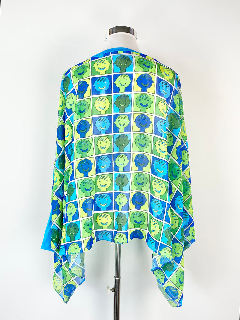 Fool Clothing Blue & Green Happy Faces Sheer Top NWT - AU12