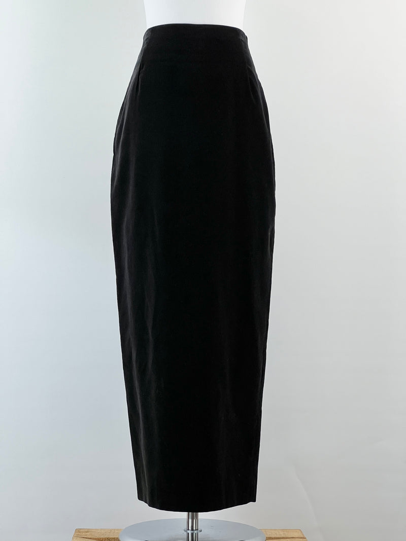 Vintage Carla Zampatti Black Cotton Velvet Midi Skirt - AU10