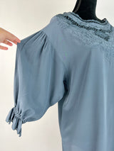 Flannel Steel Blue Puff Sleeve Silk Dress - AU6