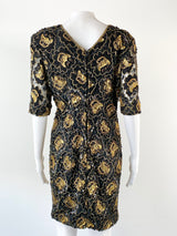 80s Black & Gold Silk Beaded Dress - AU6/8