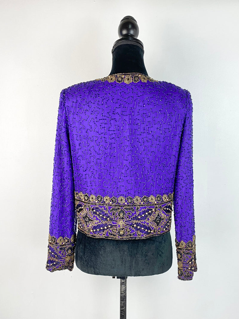 Laurence Kazan Royal Purple Silk Beaded Cropped Jacket - AU 8 / 10