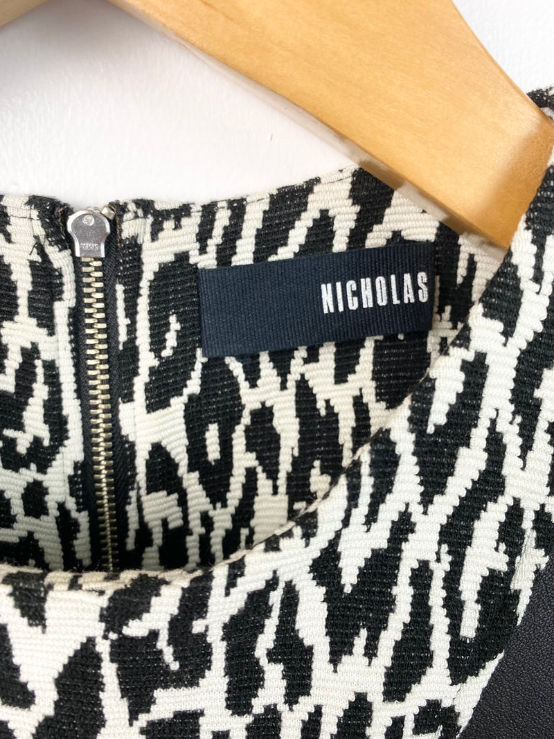 Nicholas Black & Cream Leopard Print & Leather Contrast Dress - AU 6