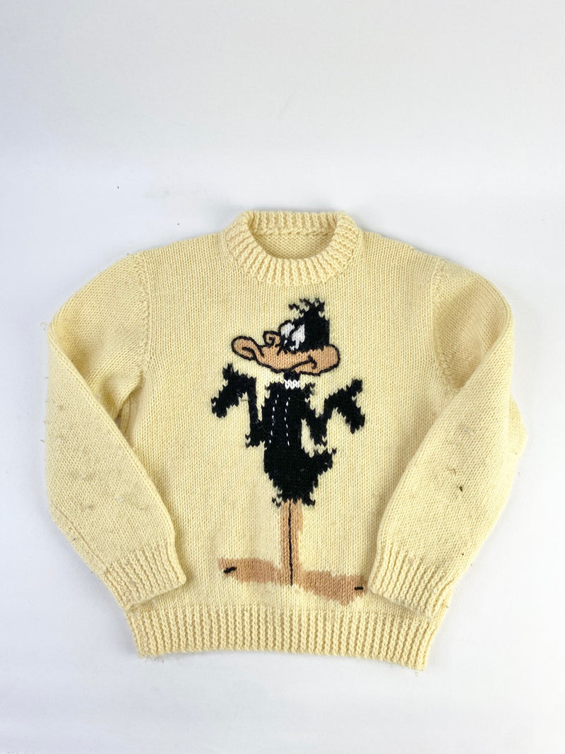 Vintage Yellow Acrylic Handknitted Daffy Duck Jumper - Size 4