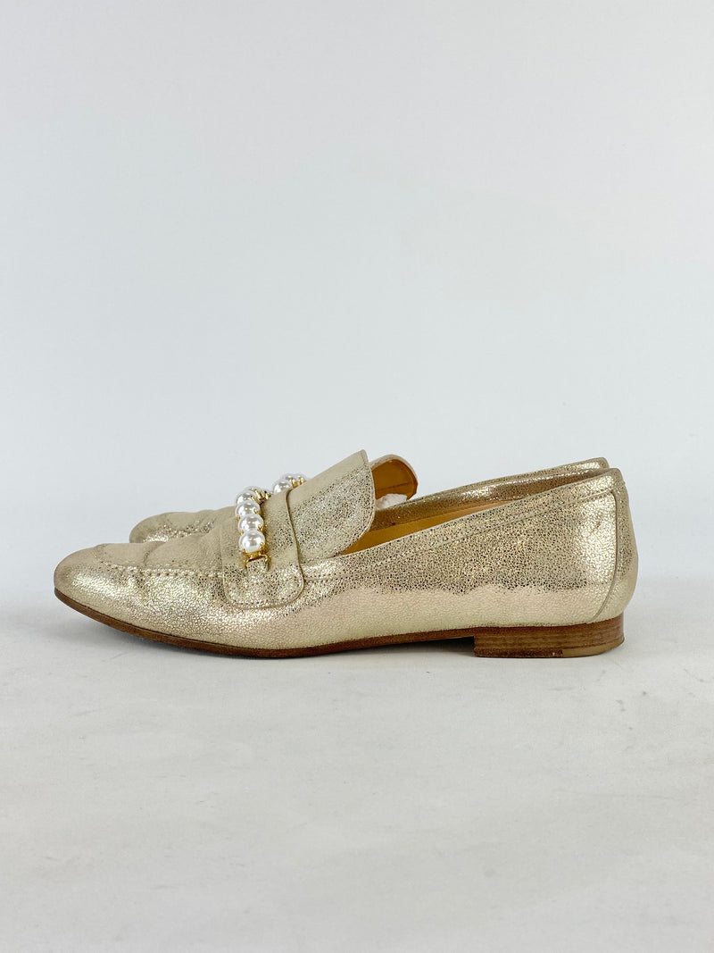 Bianca Buccheri Metallic Gold Pearl Detail Loafers - EU39