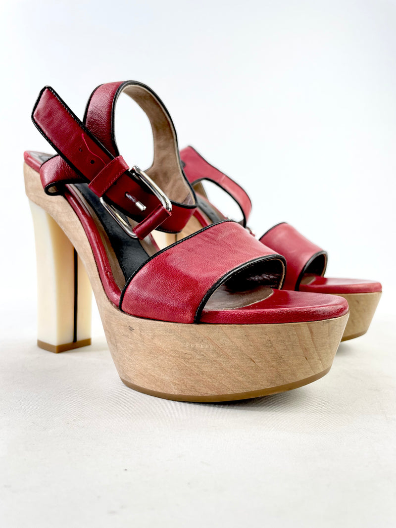 Marni Red Leather Wood Platform Sandals - EU36