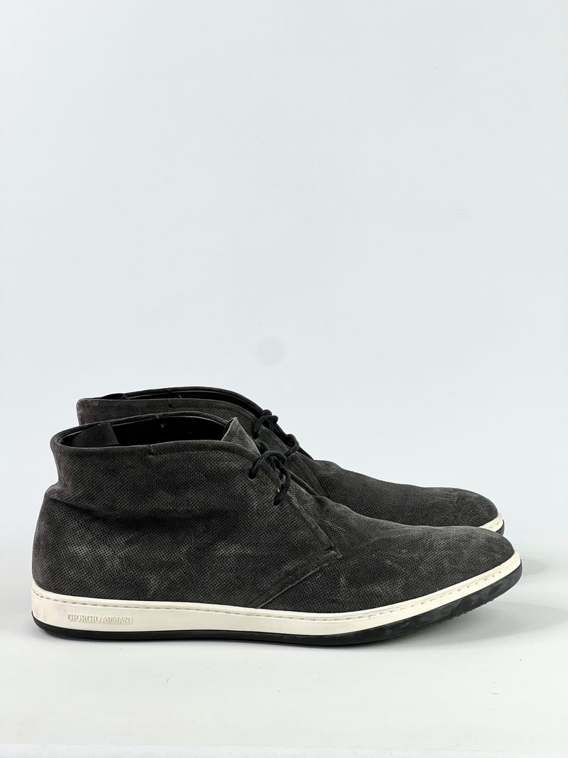 Giorgio Armani Charcoal Perforated Leather Chukka Boots - Mens UK10