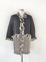 St John Black & White Fringed Woven Cardigan - AU12
