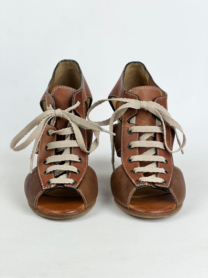 Chloe Tan Leather Caged Lace Up Heels - EU37.5