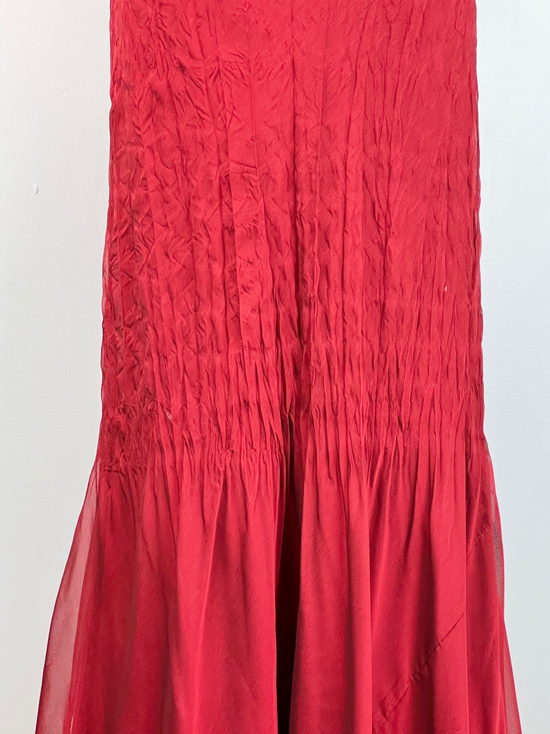 90s Mr K Crimson Crinkle Strappy Cocktail Dress - AU10