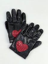 Vintage Black Leather Gloves with Red Love Heart