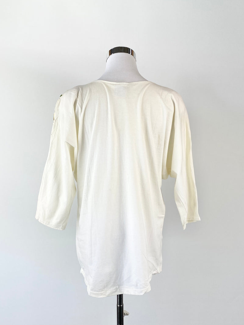 80s White Purple Floral Cotton Shirt - AU12
