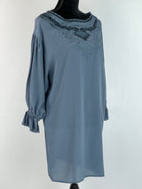Flannel Steel Blue Puff Sleeve Silk Dress - AU6