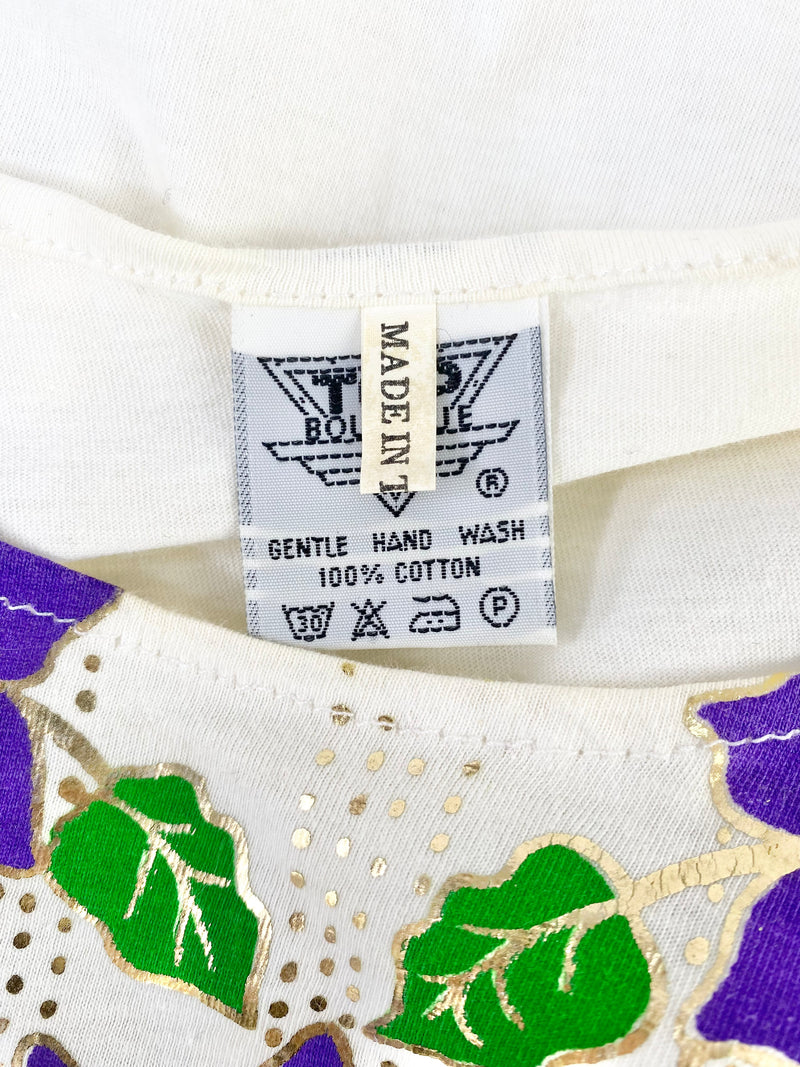 80s White Purple Floral Cotton Shirt - AU12