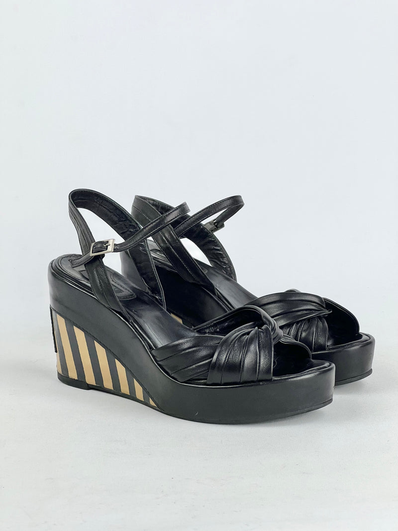 Sonia Rykiel Black Leather Open Toe Wedges - EU37.5