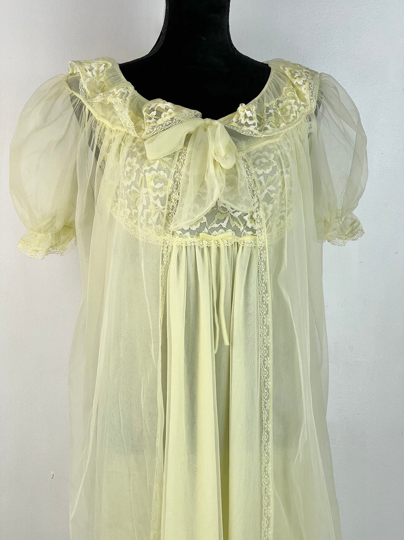 Vintage 70s Sheer Lemon Yellow 2 Piece Nightgown Set - AU10