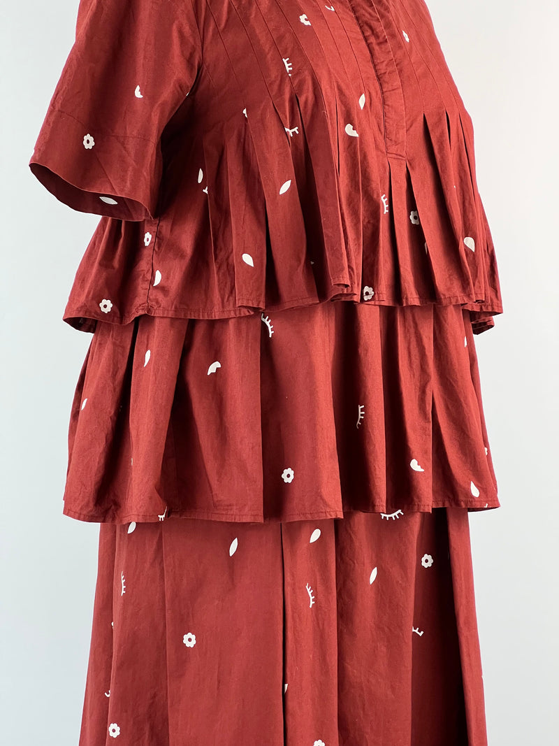 Kowtow Maroon Tiered Cotton Midi Dress - AU12-14