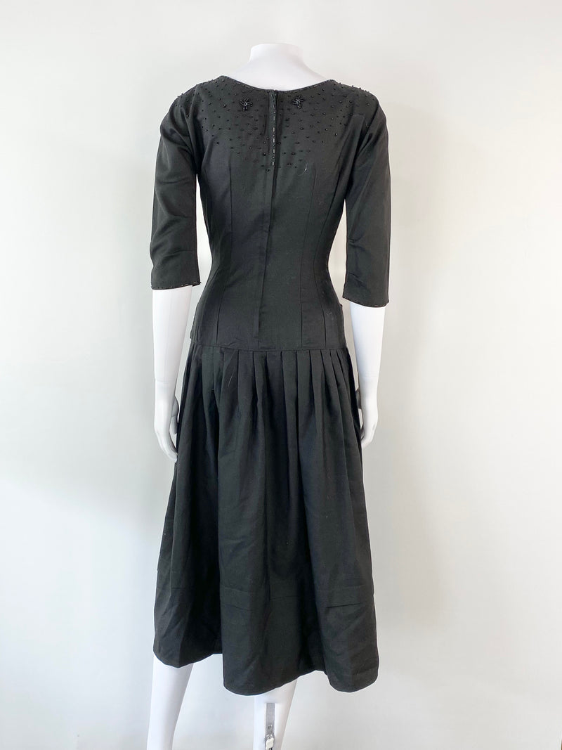 Vintage 80s Black Pleated & Beaded Maxi Dress - AU4/6