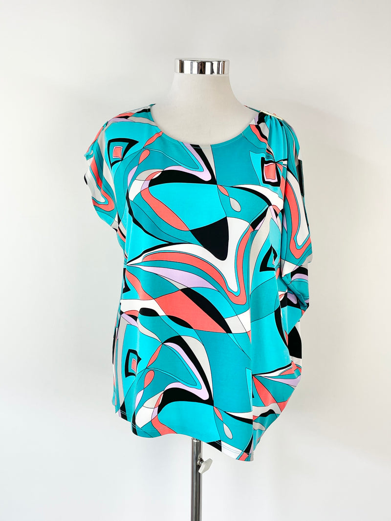 Michael Kors Turquoise Patterned Short Sleeve Top - XL