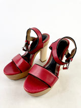 Marni Red Leather Wood Platform Sandals - EU36