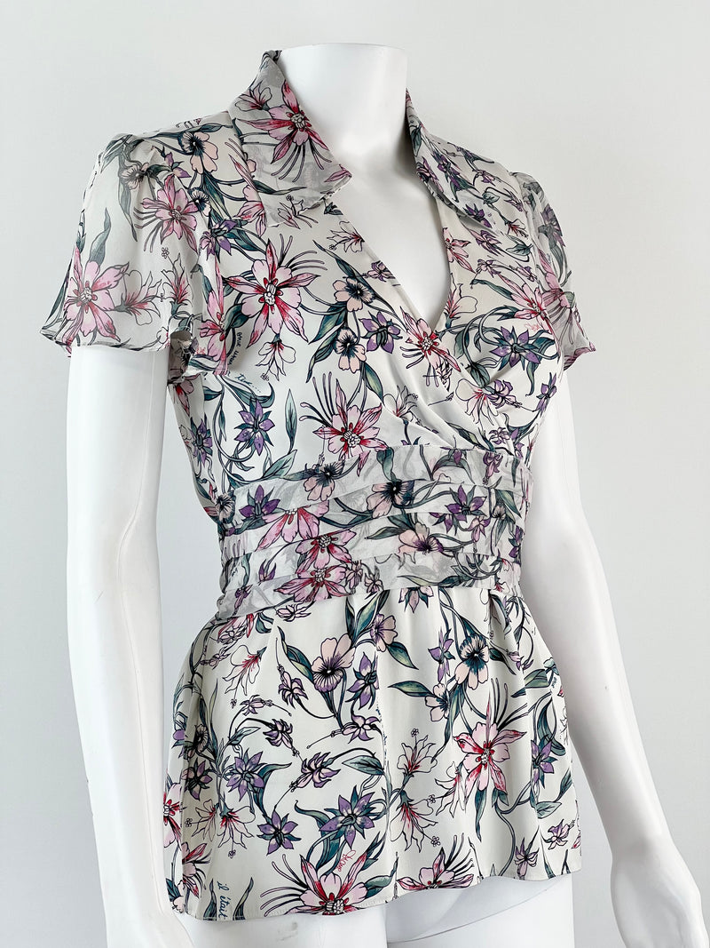 Diane von Furstenberg Silk Floral Flutter Sleeve Blouse - AU6