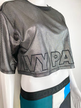 IVY PARK Gunmetal Metallic Logo Oversized Shirt Mesh Crop Top - AU 8 / 10