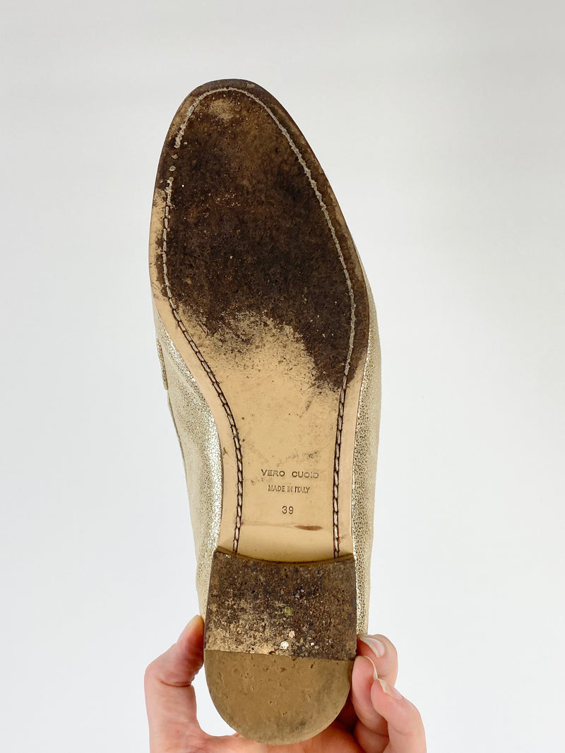 Bianca Buccheri Metallic Gold Pearl Detail Loafers - EU39