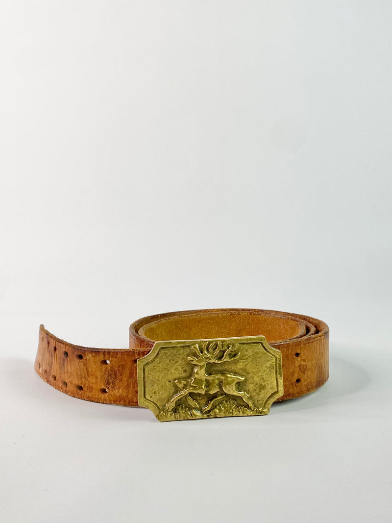 Vintage Leather Belt with Brass Deer Buckle
