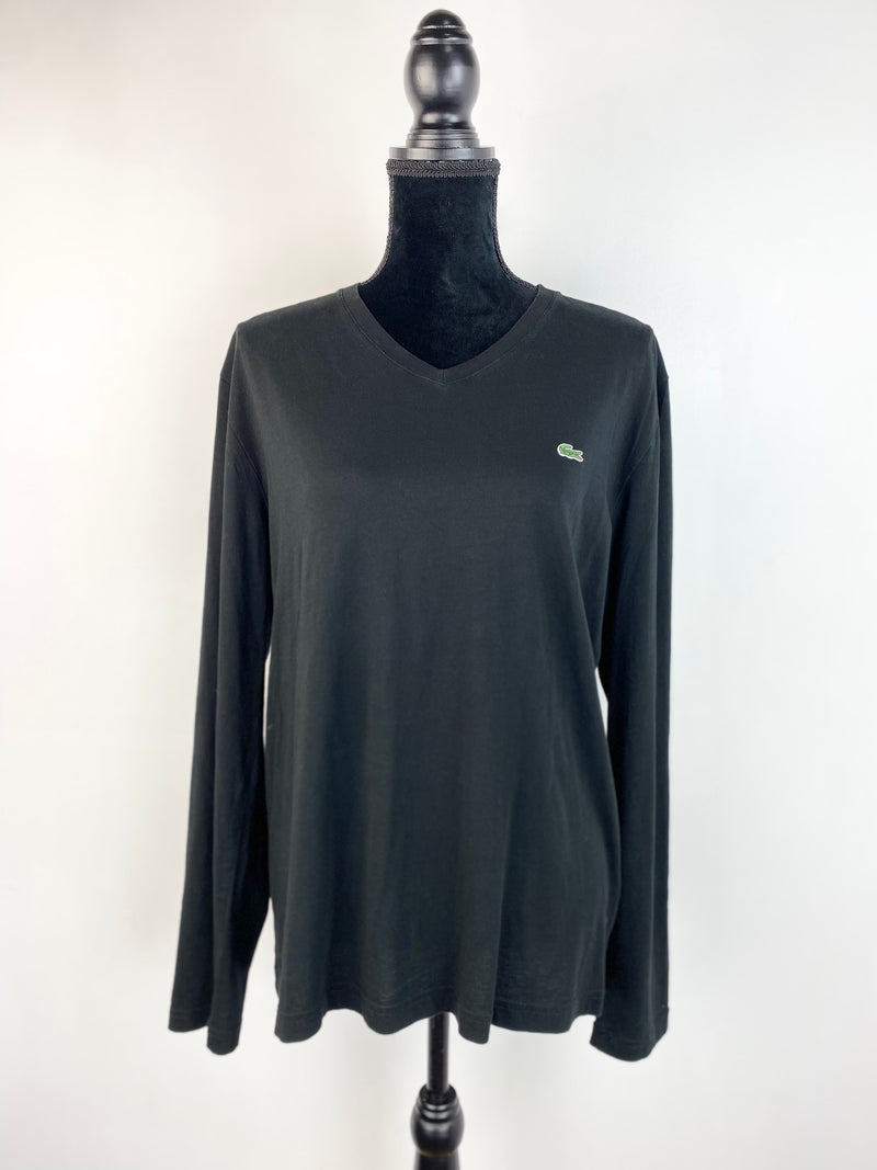 Lacoste Black Cotton V-Neck Long Sleeve Shirt - Size Large
