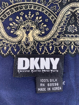 DKNY Navy & Gold Patterned Fringed Silk Scarf