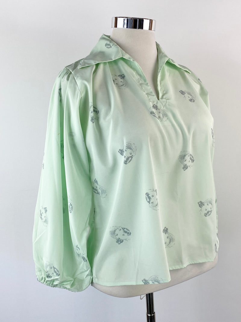 Vintage Mint Green Mutton Sleeve Top - AU12