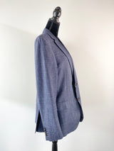 Pal Zileri Deep Blue Wool Silk & Linen Blend Gingham Blazer - Size 52